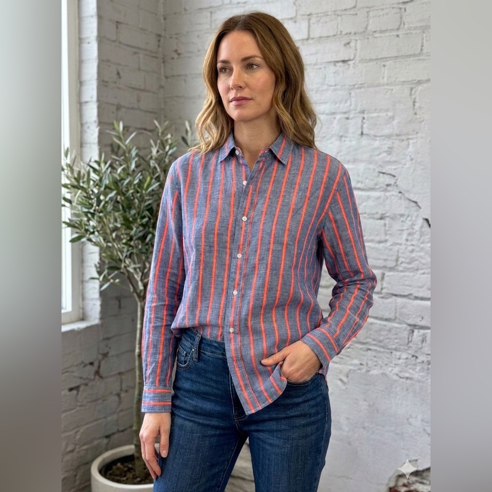Frank & Eileen Finbar Blue Linen Neon Pink Textured Stripes Button Down Shirt